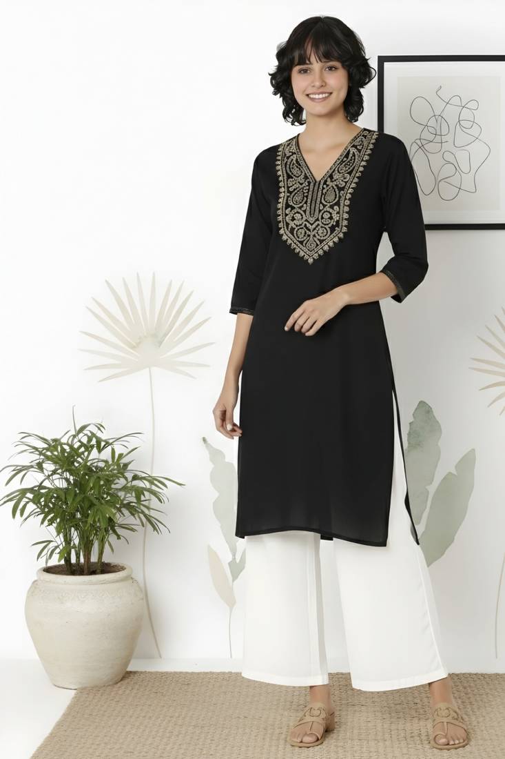 Navy embroidered rayon kurta palazzo