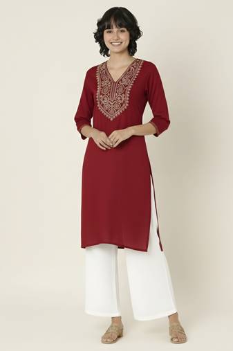 Red embroidered rayon kurta palazzo