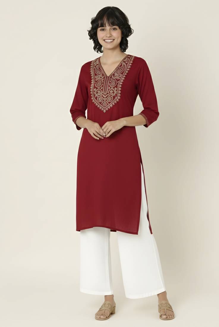 Red embroidered rayon kurta palazzo