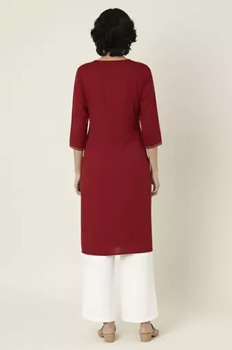 Red embroidered rayon kurta palazzo