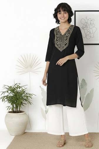 Black embroidered rayon kurta palazzo