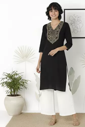 Black embroidered rayon kurta palazzo