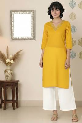 Yellow embroidered rayon kurta palazzo 1