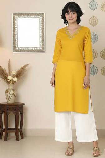 Yellow embroidered rayon kurta palazzo
