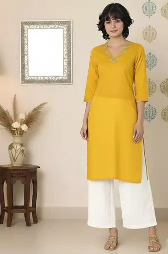 Yellow embroidered rayon kurta palazzo