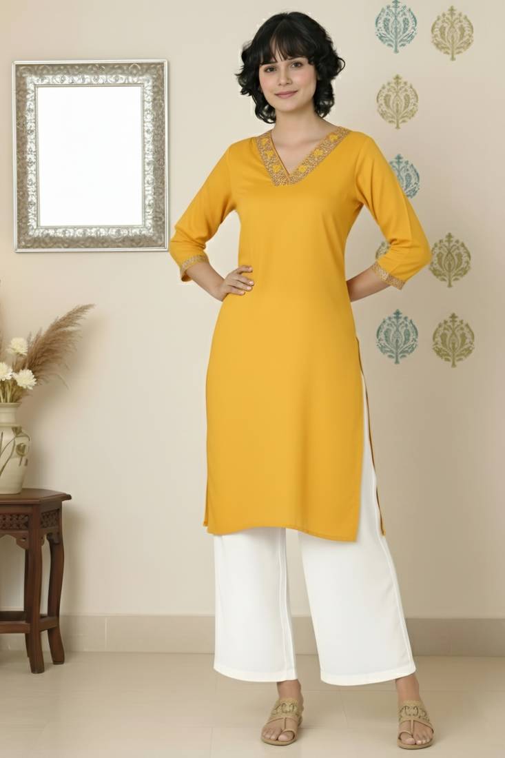 Yellow embroidered rayon kurta palazzo
