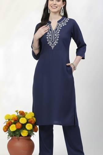 Navy embroidered rayon kurta Pant