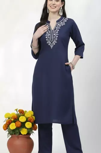 Navy embroidered rayon kurta Pant