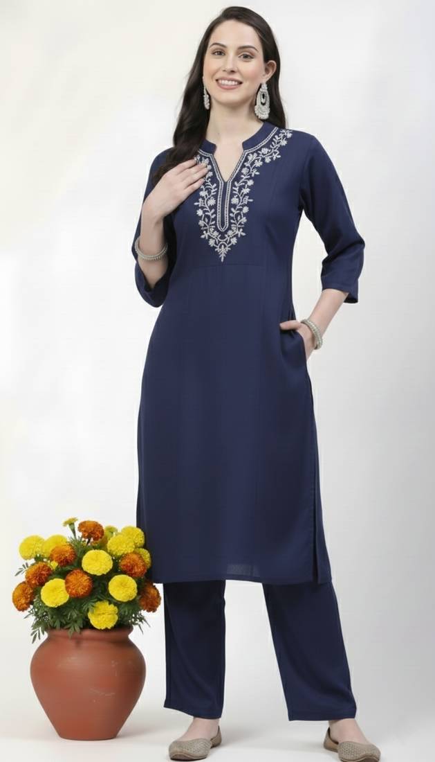 Navy embroidered rayon kurta Pant