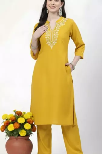 Yellow embroidered rayon kurta Pant
