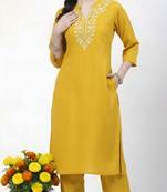 Yellow embroidered rayon kurta Pant