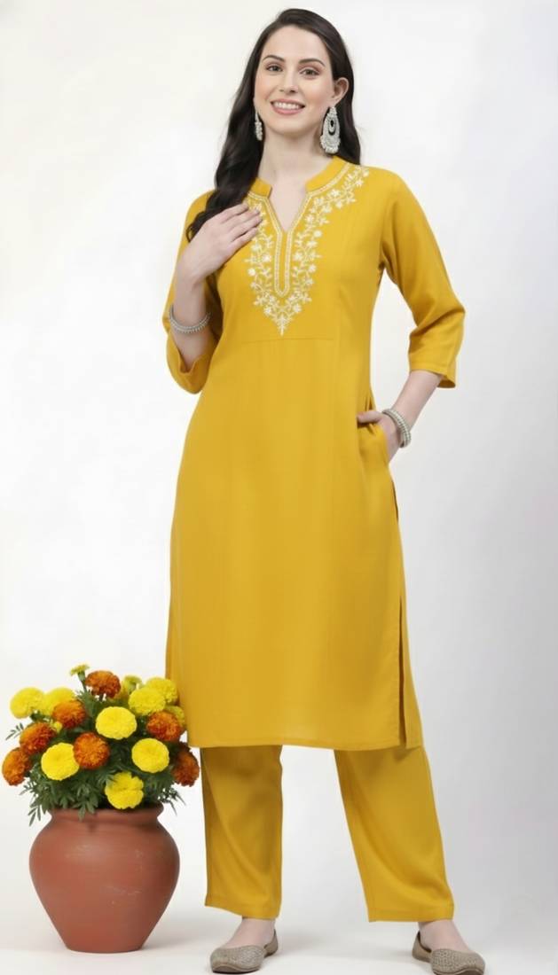 Yellow embroidered rayon kurta Pant