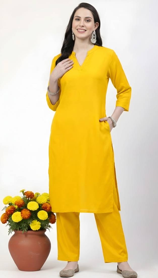 Yellow plain rayon kurta Pant