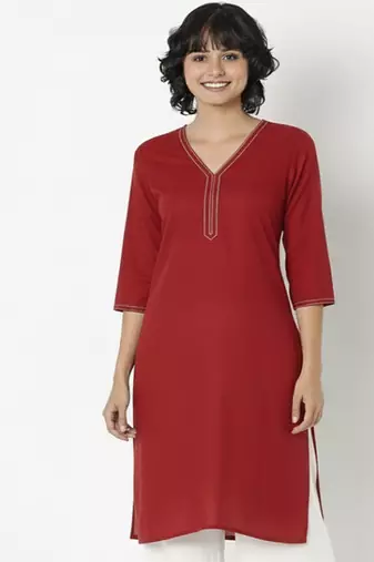 Red embroidered rayon kurta palazzo
