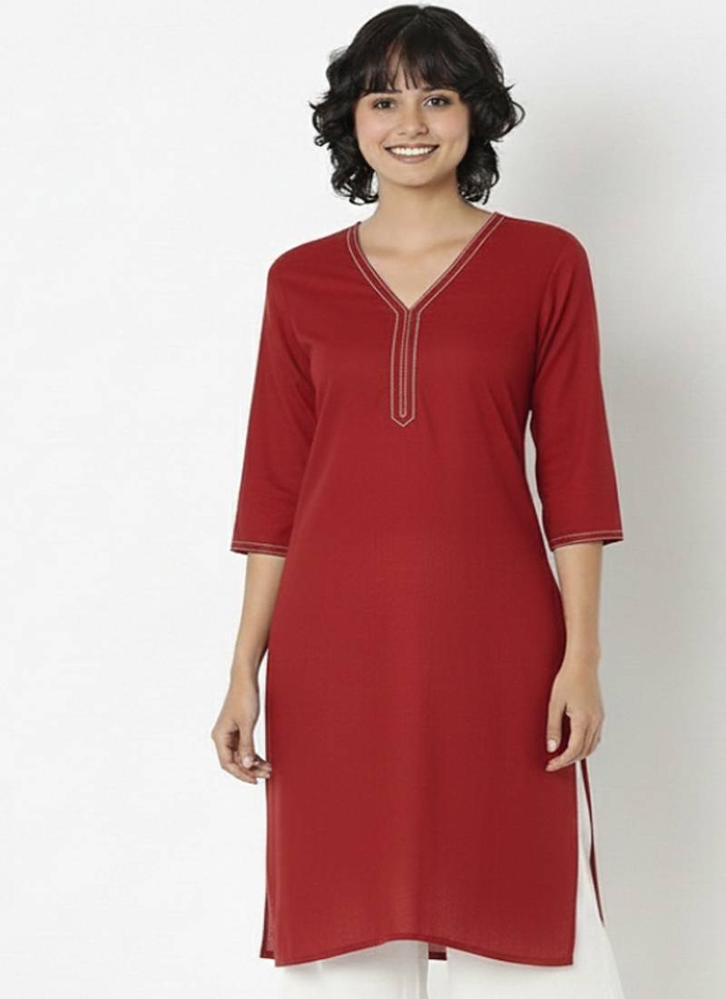 Red embroidered rayon kurta palazzo