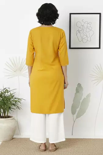 Yellow embroidered rayon kurta palazzo