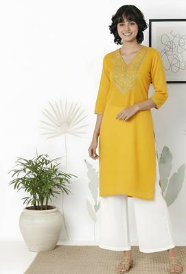 Yellow embroidered rayon kurta palazzo 3