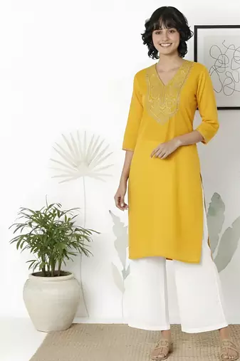 Yellow embroidered rayon kurta palazzo