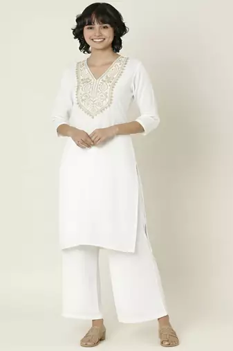 White embroidered rayon kurta palazzo