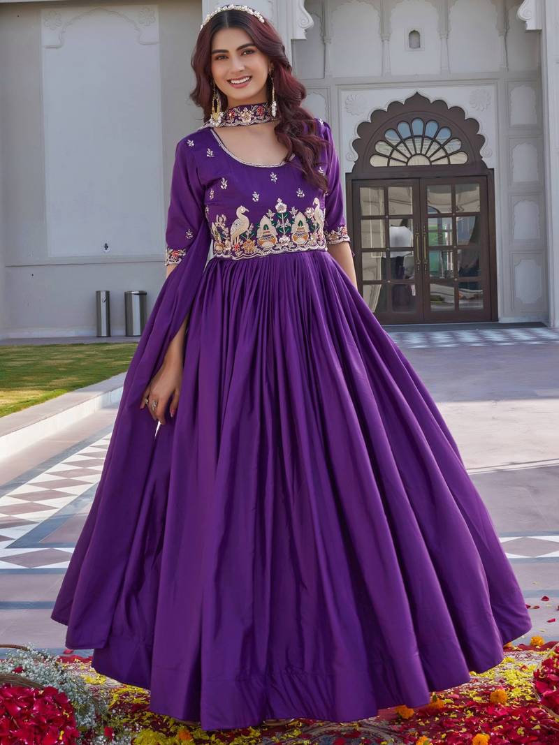 Purple Embroidered Silk Gown With Dupatta