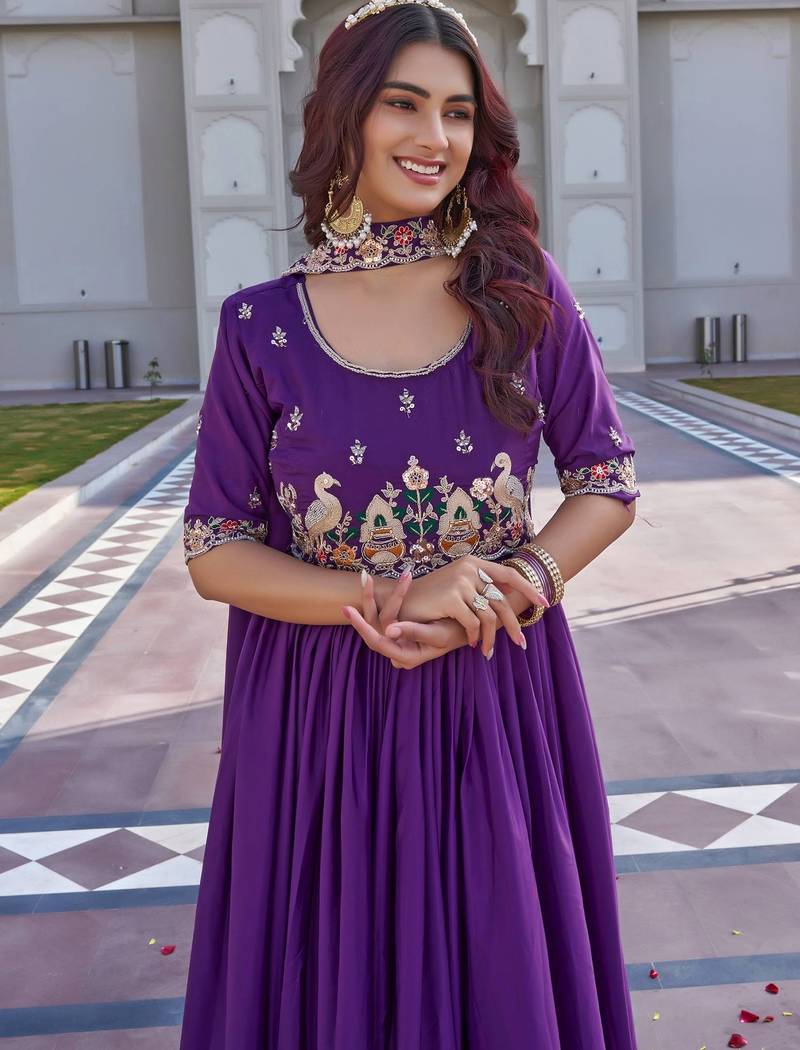 Purple Embroidered Silk Gown With Dupatta