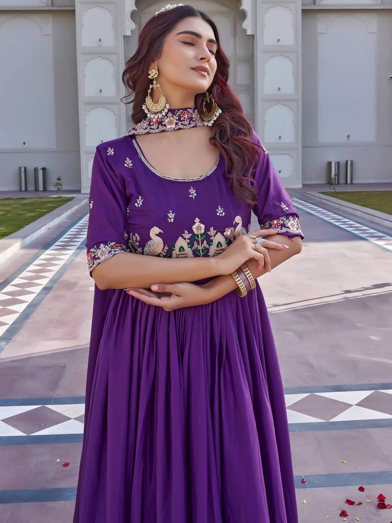 Purple Embroidered Silk Gown With Dupatta