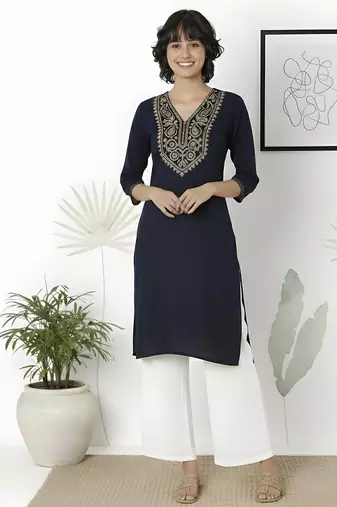 Navy embroidered rayon kurta palazzo