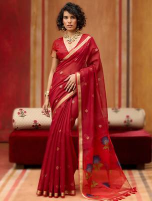 red munga cotton saree with organza woven pallu  party & uniform wear 1