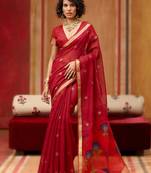 red munga cotton handloom saree with organza woven pallu     party & uniform wear