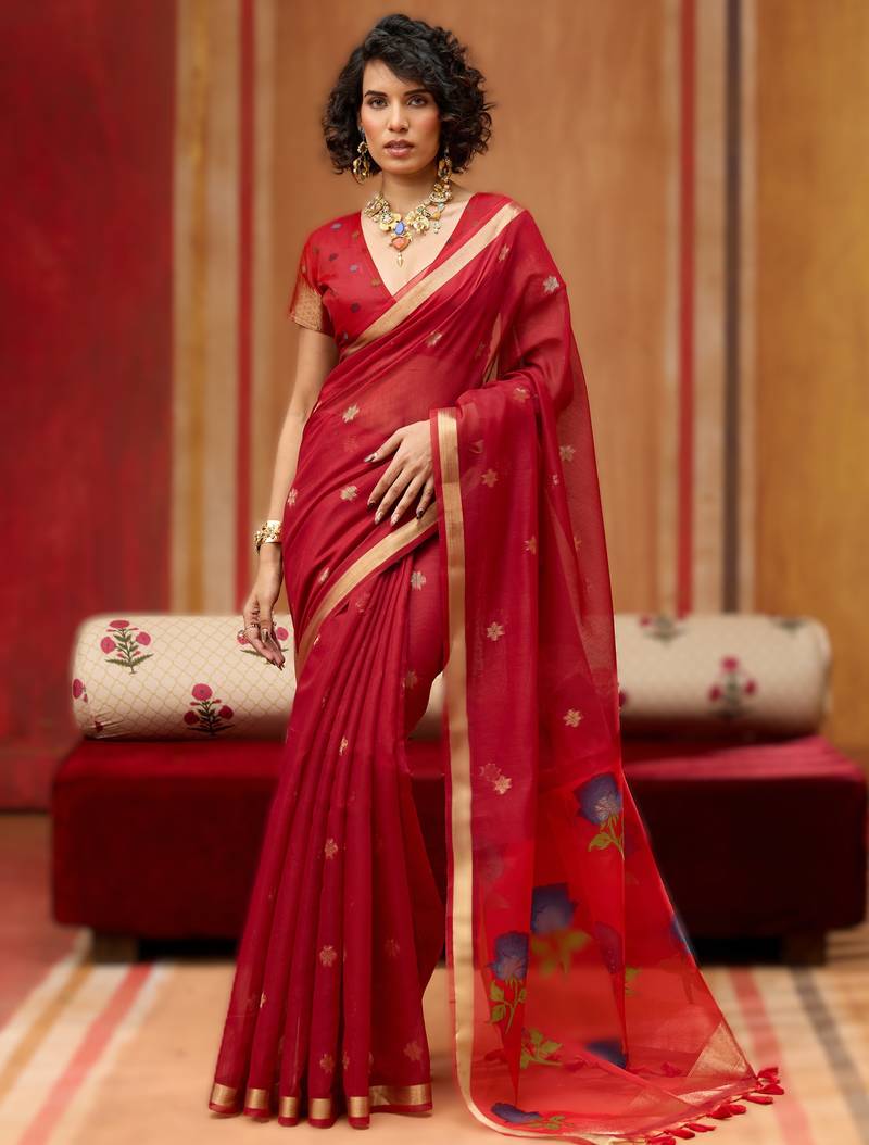 red munga cotton handloom saree with organza woven pallu     party & uniform wear