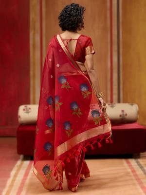 red munga cotton saree with organza woven pallu  party & uniform wear 2