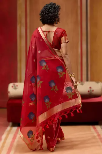 red munga cotton saree with organza woven pallu  party & uniform wear