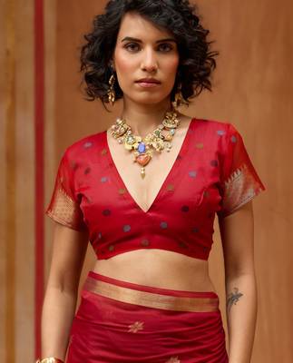 red munga cotton saree with organza woven pallu  party & uniform wear 3