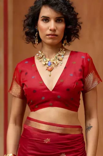 red munga cotton saree with organza woven pallu  party & uniform wear