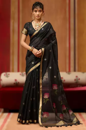 black munga cotton handloom saree with organza woven pallu     party & uniform wear