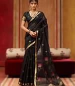 black munga cotton handloom saree with organza woven pallu     party & uniform wear