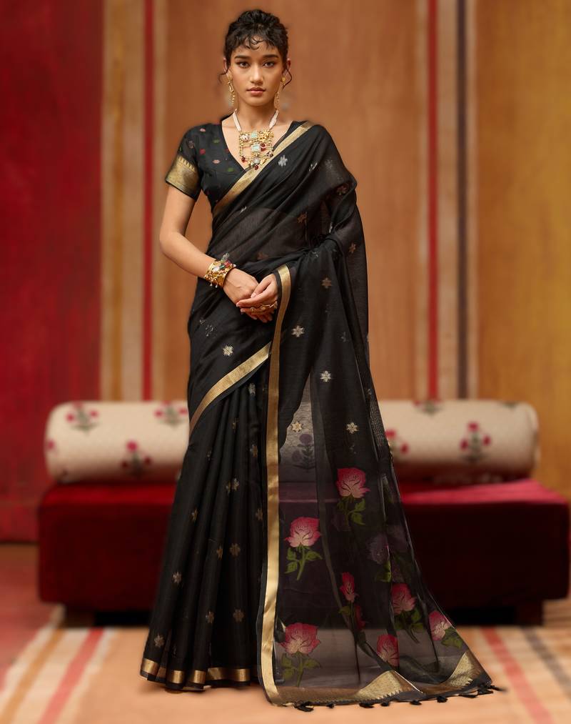 black munga cotton handloom saree with organza woven pallu     party & uniform wear