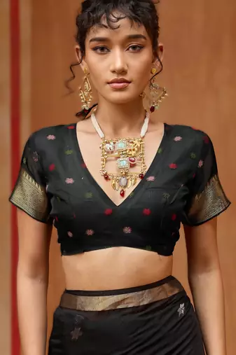 black munga cotton saree with organza woven pallu  party & uniform wear