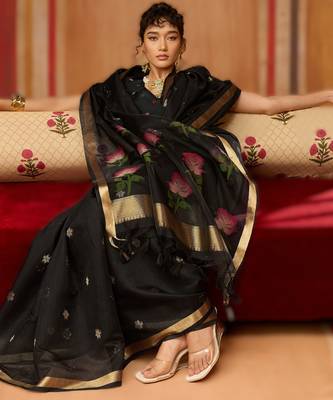 black munga cotton saree with organza woven pallu  party & uniform wear 3