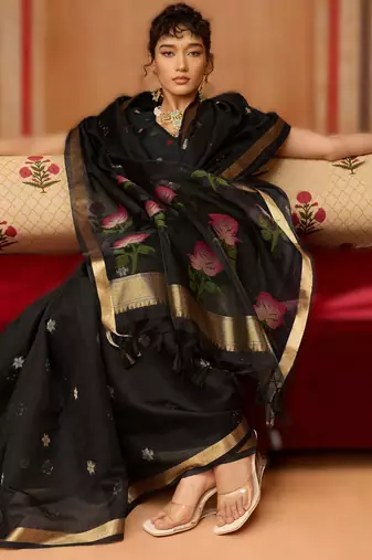 black munga cotton saree with organza woven pallu  party & uniform wear