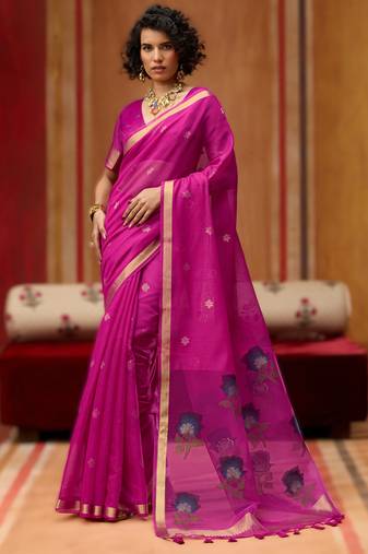 pink munga cotton handloom saree with organza woven pallu     party & uniform wear