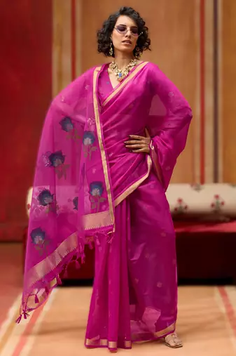 pink munga cotton saree with organza woven pallu  party & uniform wear