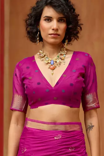 pink munga cotton saree with organza woven pallu  party & uniform wear