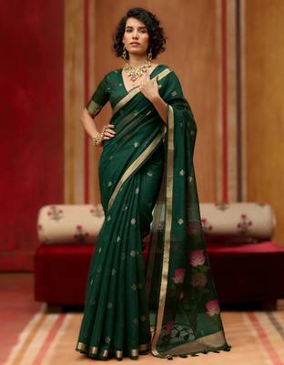 green munga cotton saree with organza woven pallu  party & uniform wear 1