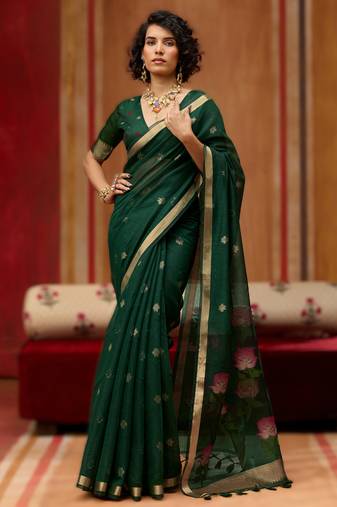 green munga cotton handloom saree with organza woven pallu     party & uniform wear