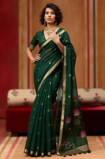 green munga cotton handloom saree with organza woven pallu – party & uniform wear