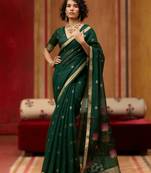 green munga cotton handloom saree with organza woven pallu     party & uniform wear