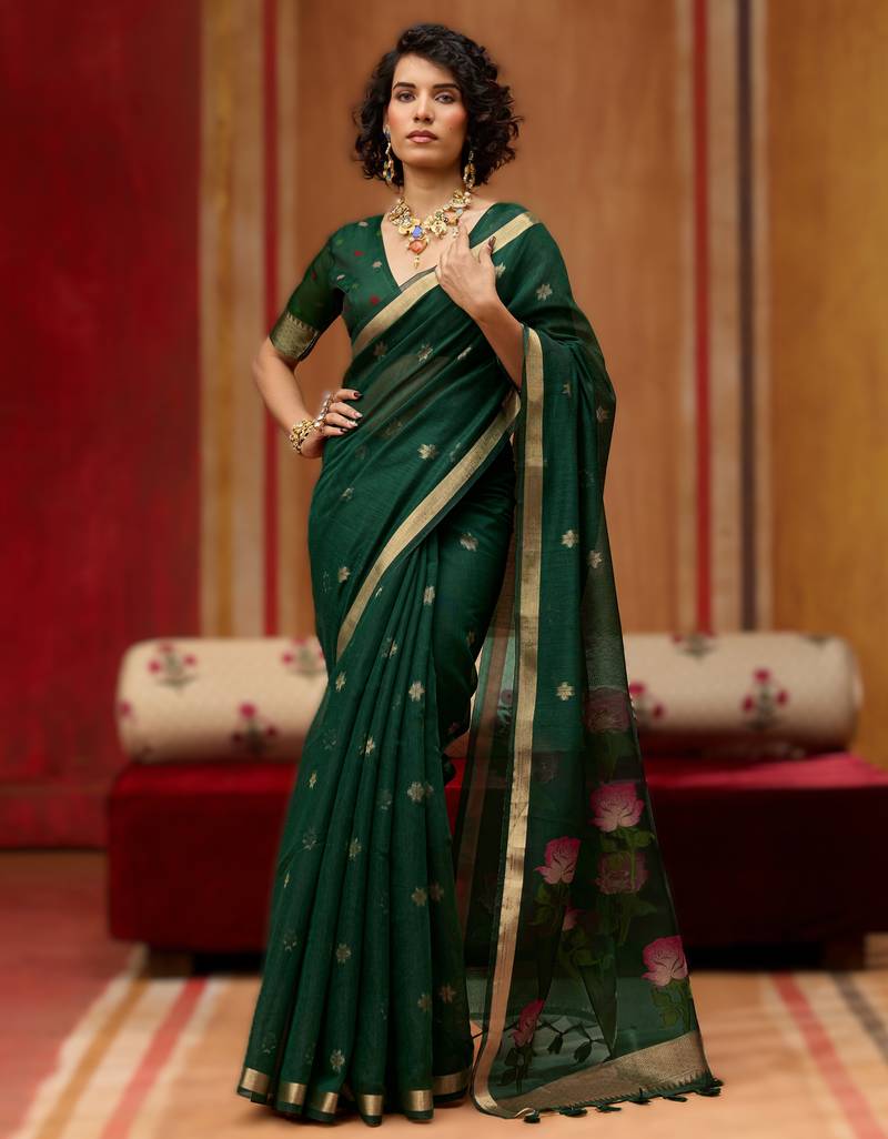 green munga cotton handloom saree with organza woven pallu     party & uniform wear