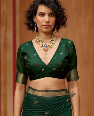 green munga cotton saree with organza woven pallu  party & uniform wear 2