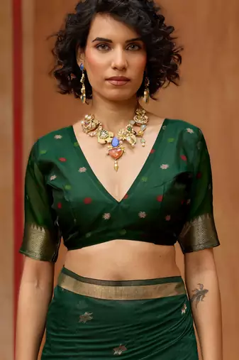green munga cotton saree with organza woven pallu  party & uniform wear